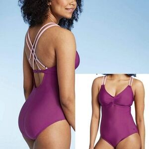 ALL In Motion Purple Pink Cinch Front One Piece Swimsuit Size Medium